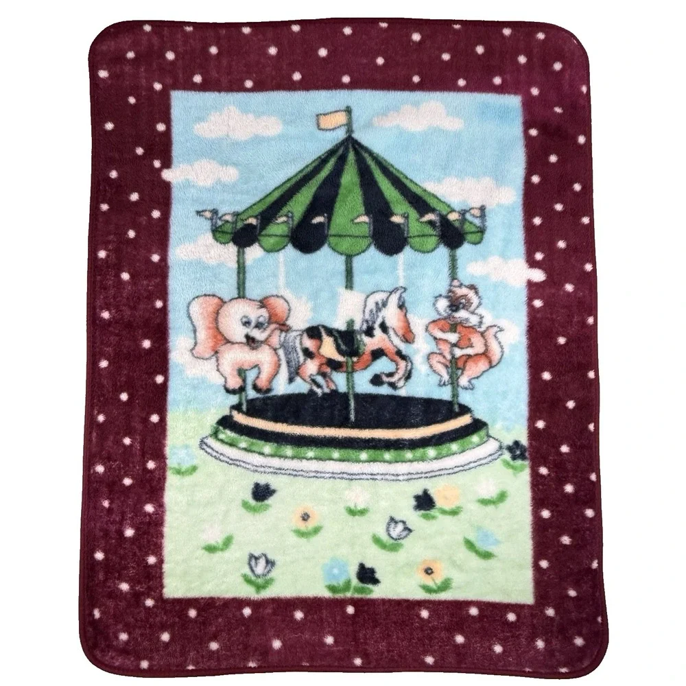 Vintage Minky Plush Baby Blanket Carousel Horse Elephant Flowers Polka Dot 90's